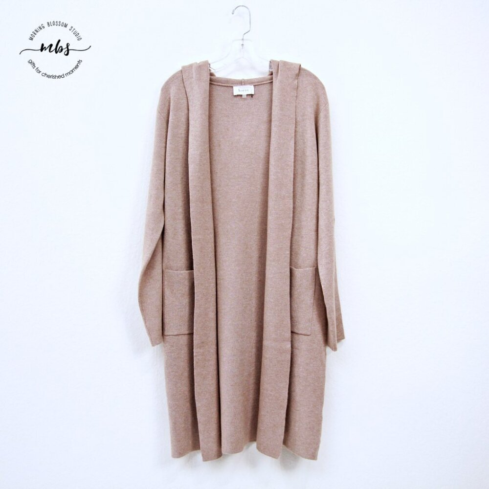 NWOT Korye Bobby Knit Long Open Hooded Knee Length Cardigan Gray‎ Tan Women L